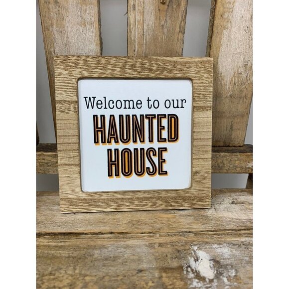 Rustic Haunted House Welcome Sign 4in Square Halloween Decor Tiered Tray Holiday - Picture 4 of 4